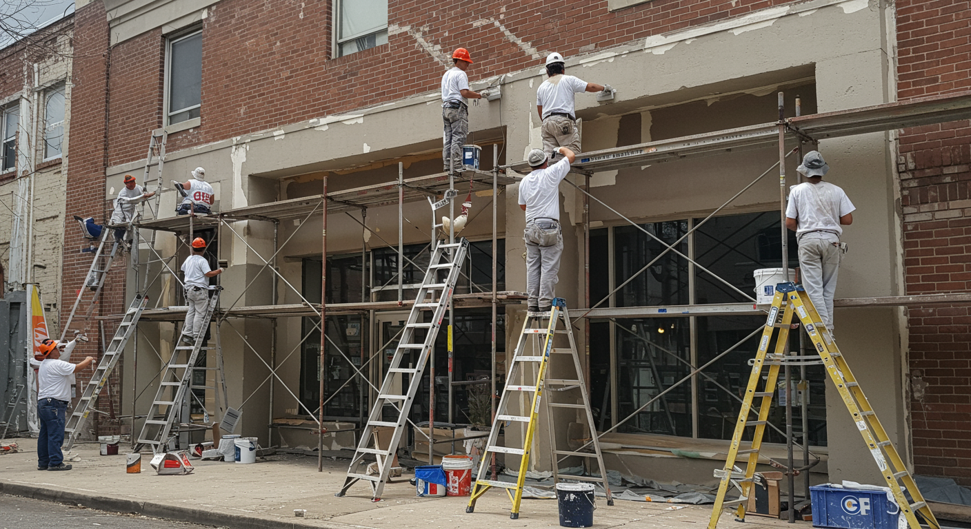 A professional team of painters working on a commercial building, using ladders and scaffolding. The scene captures the teamwork and professionalism of the crew as they apply a fresh coat of paint to the exterior.