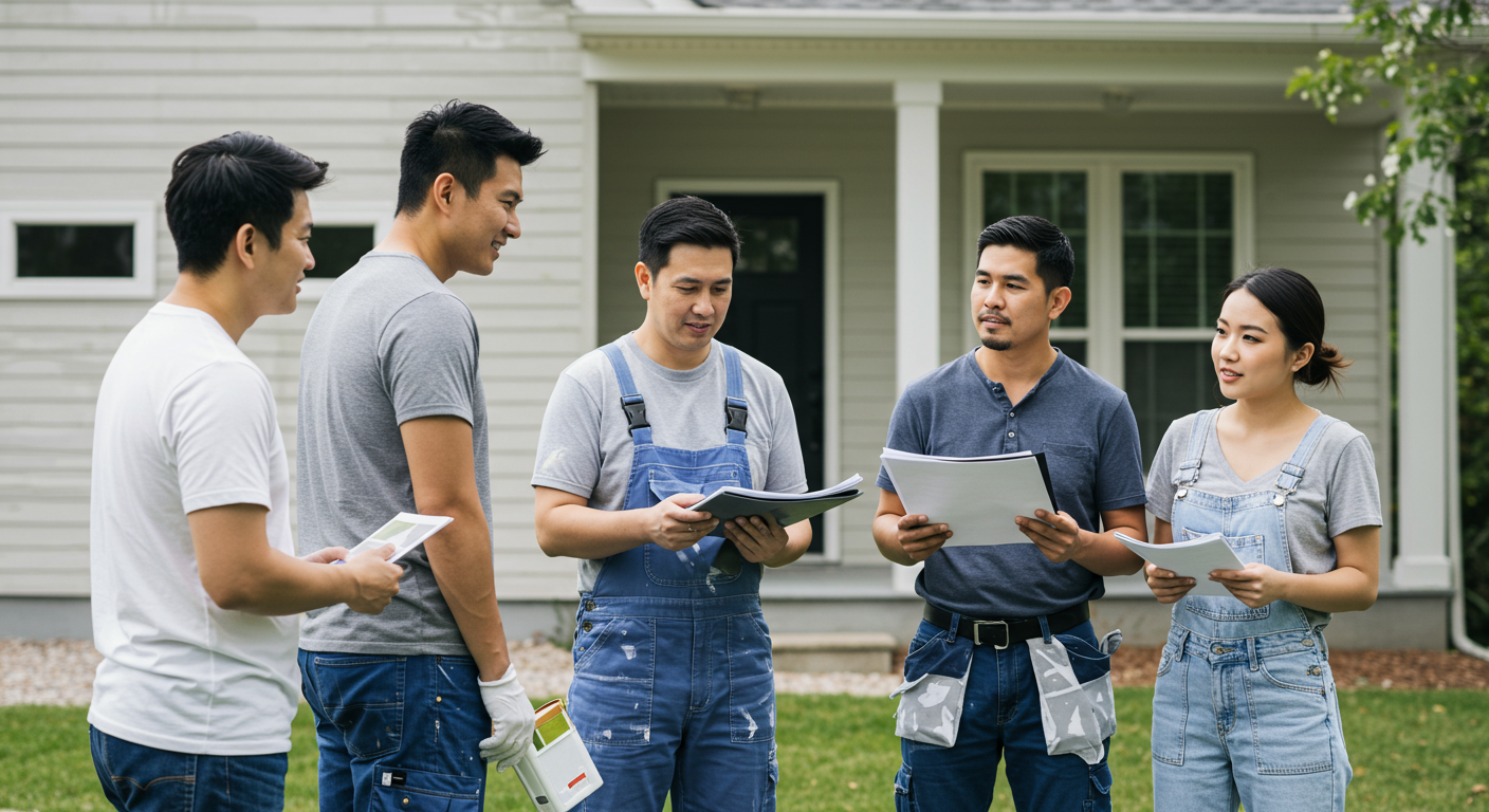 A team of skilled painters collaborating on a residential project, discussing color choices in front of a newly painted house.