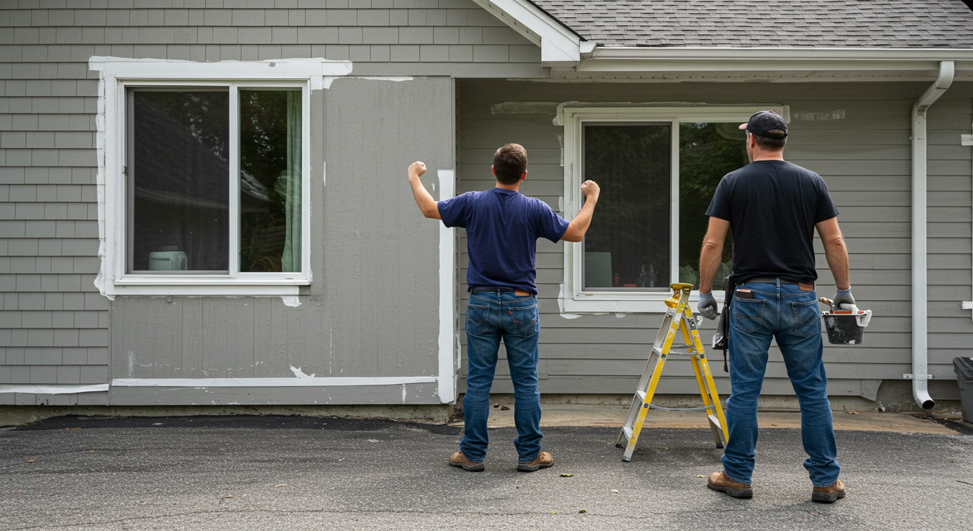 A satisfied homeowner admiring the freshly painted exterior of their house, with a painter standing proudly beside them, showcasing a job well done.