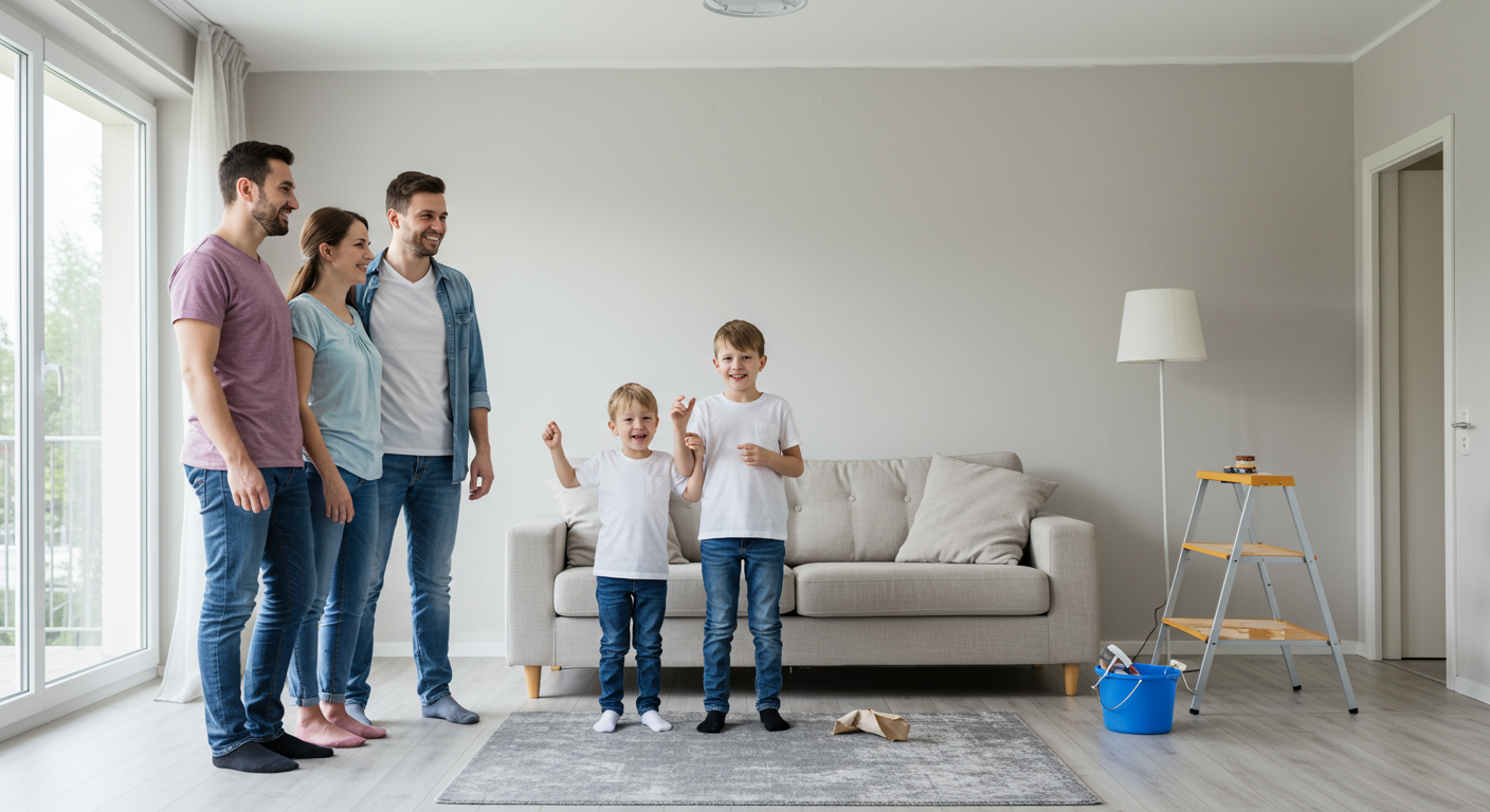 A joyful family standing in their newly painted living room, admiring the transformation. The room is bright and inviting, reflecting satisfaction and happiness with the painting service.