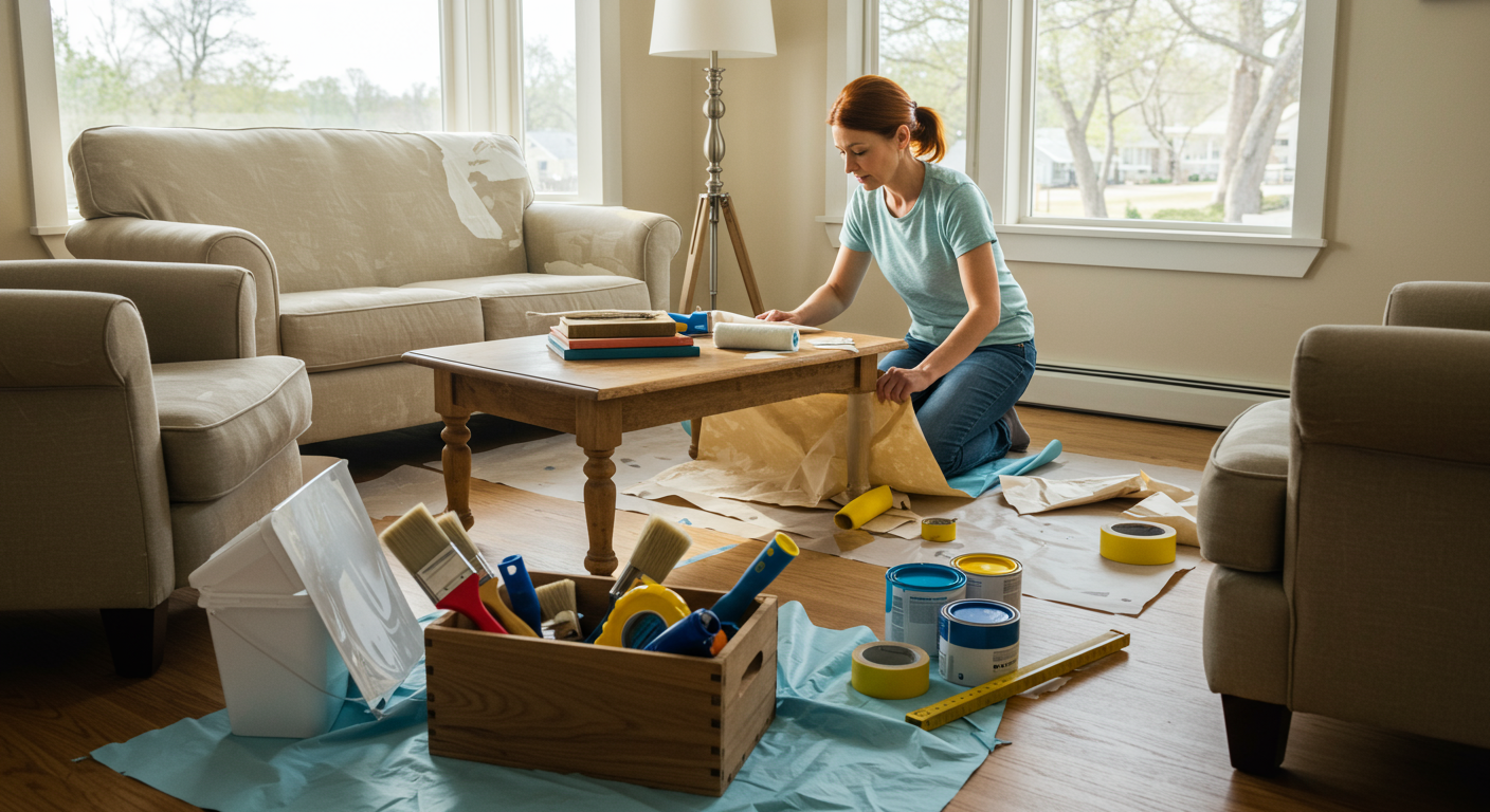 A cozy scene of a homeowner preparing a room for painting, with tools like brushes, tape, and paint cans neatly arranged.