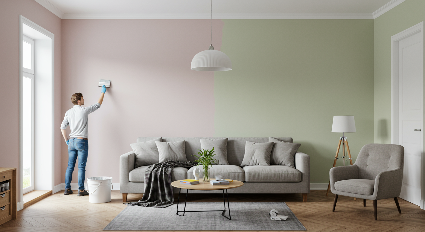 A beautifully painted living room showcasing a fresh, modern color palette. The image captures a painter in action, applying a coat of paint to the walls, with a satisfied homeowner observing the transformation.
