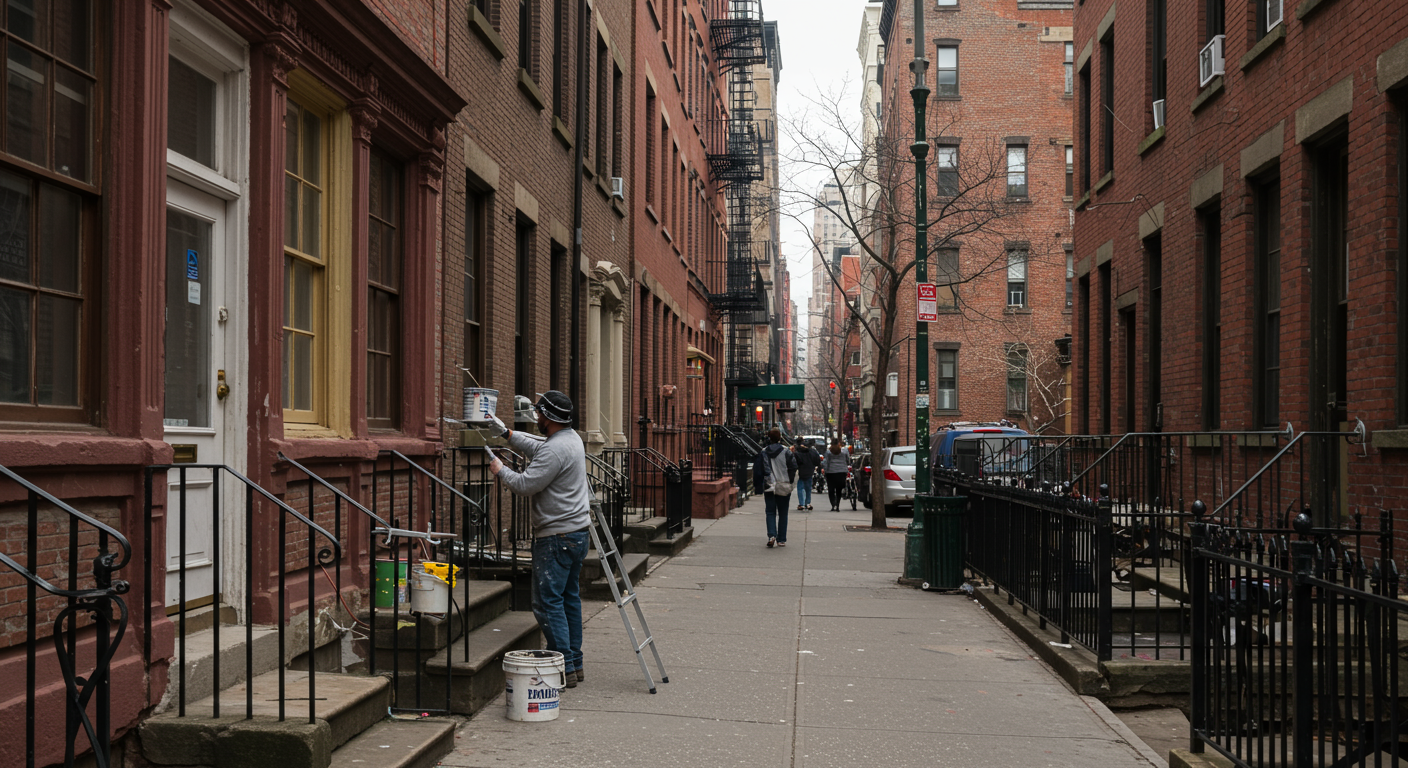 A local painter working on a small exterior project, such as painting a front door or window trim. The scene captures the essence of New York architecture, with a bustling street in the background.