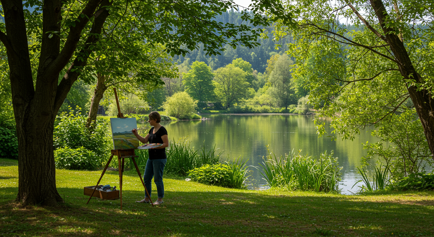 A serene outdoor setting where a painter is capturing the beauty of nature on canvas.