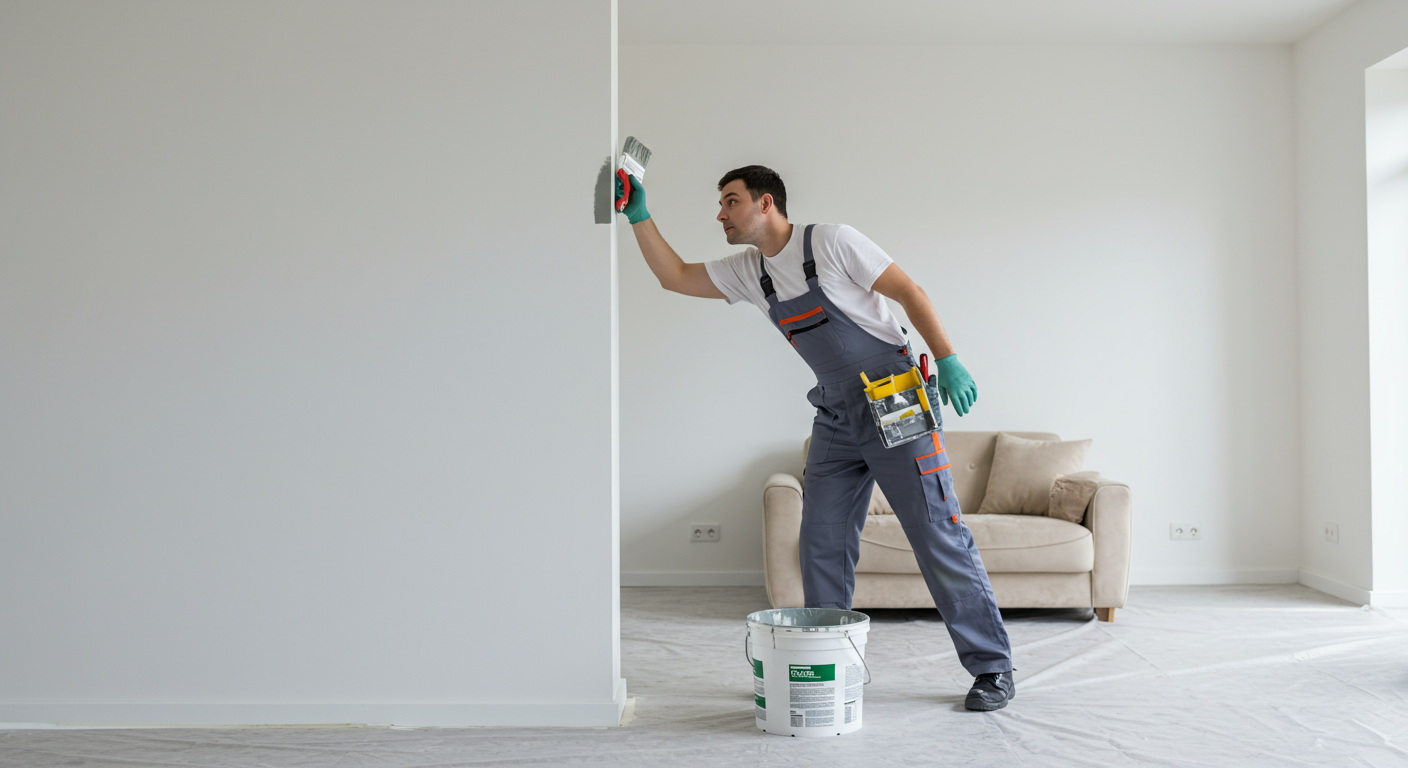 A professional painter in a bright, modern living room, carefully applying a fresh coat of paint on the walls. The painter is focused and wearing a clean uniform, showcasing professionalism.