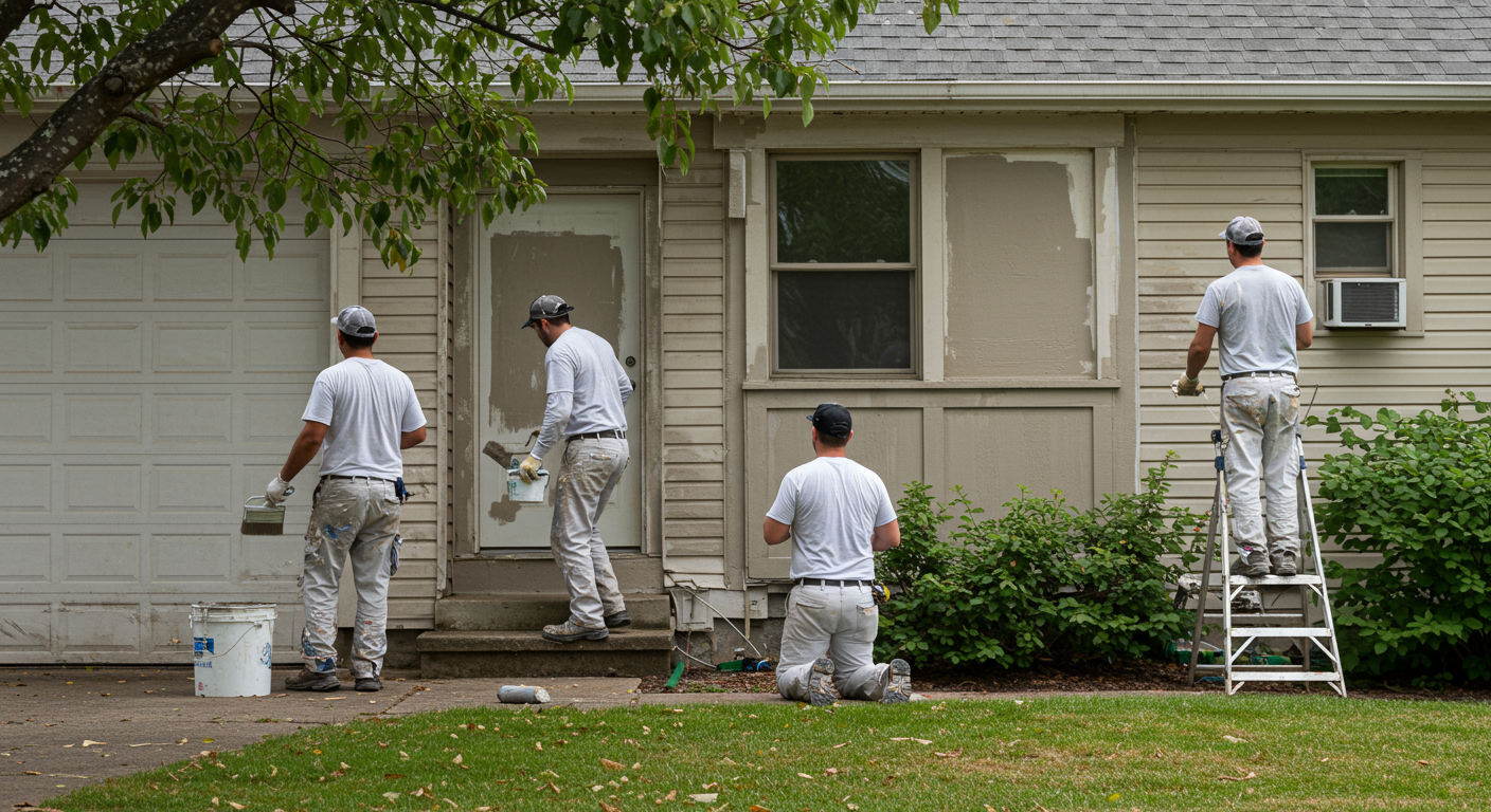 A team of professional painters working on a residential home exterior, showcasing their skills with brushes and rollers. The scene captures the vibrant colors of freshly applied paint.