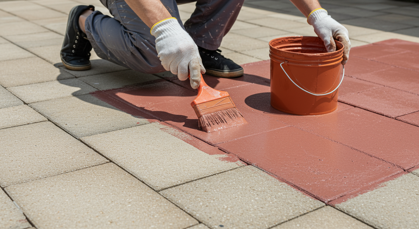 A skilled painter applying a fresh coat of vibrant paint to a patio, showcasing the tools and techniques used in professional painting. The focus is on the painter's meticulous work.