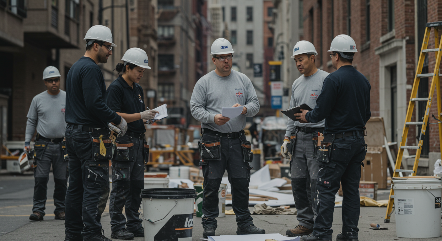 A group of professional painters collaborating on a large exterior project, discussing plans and working together. The image conveys teamwork and professionalism in a bustling urban setting.