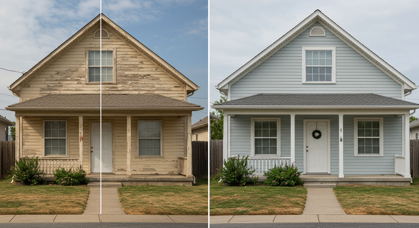 A split image showing a house before and after the exterior painting process. The left side shows the old, faded paint, while the right side displays the freshly painted, vibrant exterior.