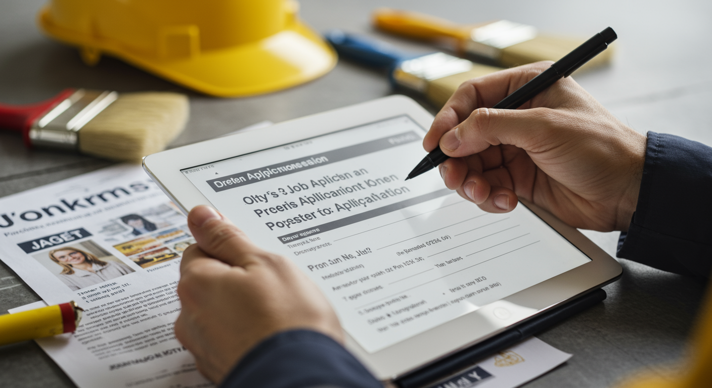 A close-up of a painter filling out a job application on a tablet, with paint tools and a job listing in the background.