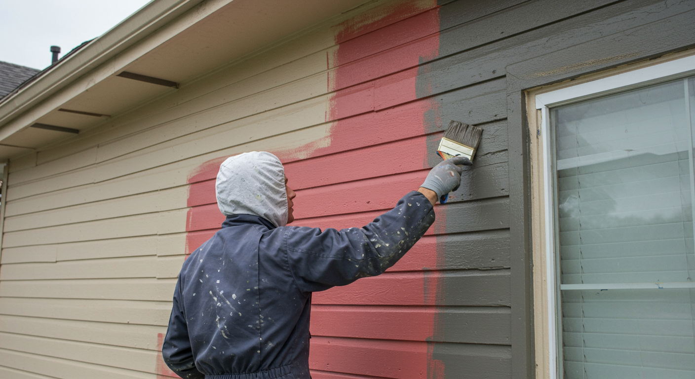 A skilled painter applying a fresh coat of vibrant paint to a residential home's exterior. The scene captures the painter in action, showcasing their expertise and attention to detail.