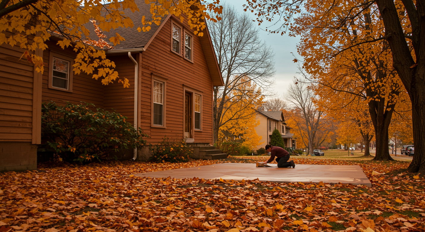 A cozy autumn setting with a house adorned in warm, earthy tones. The image captures a painter preparing the surface for painting, with fallen leaves in the foreground and a clear blue sky above, indicating ideal weather conditions.