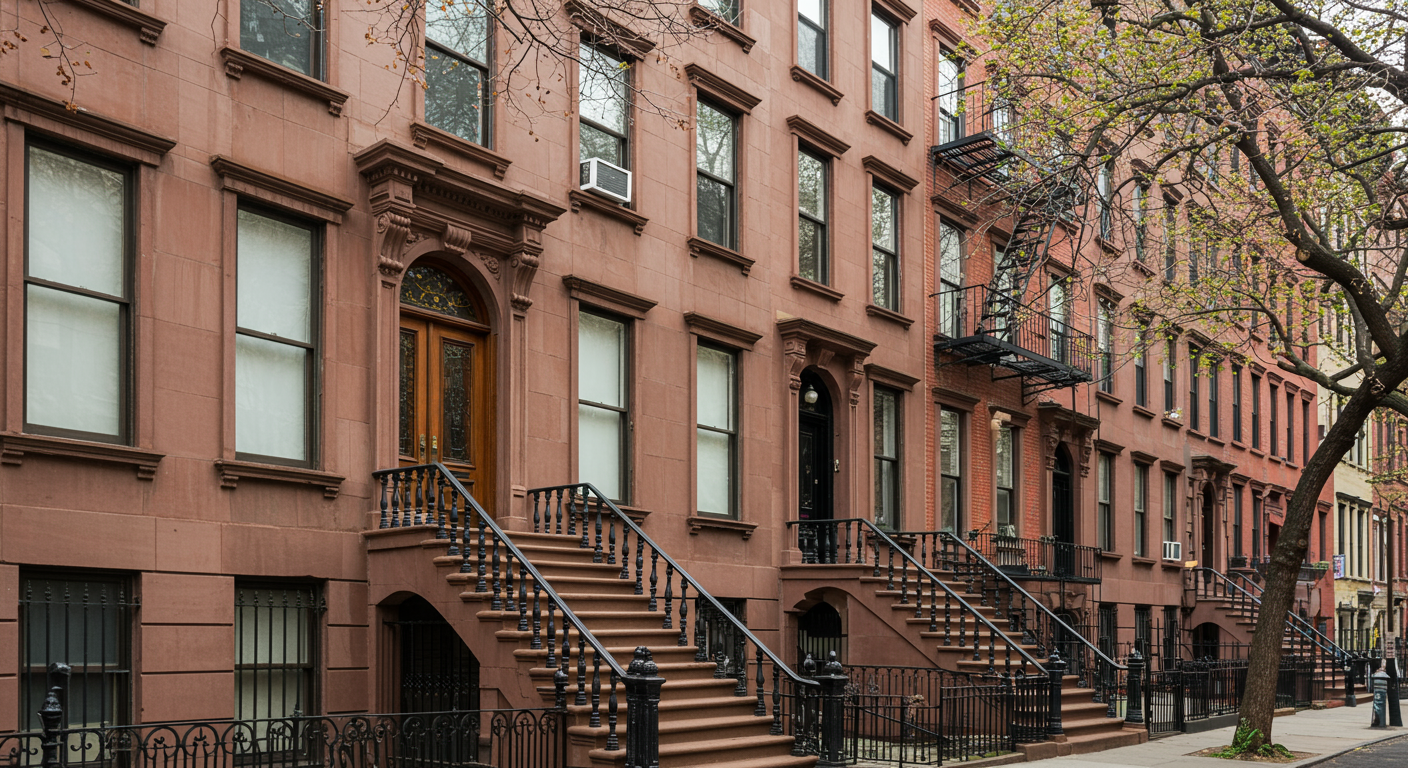 A beautifully finished exterior of a brownstone in New York, showcasing a fresh coat of paint. The image captures the charm of the building and the surrounding neighborhood.