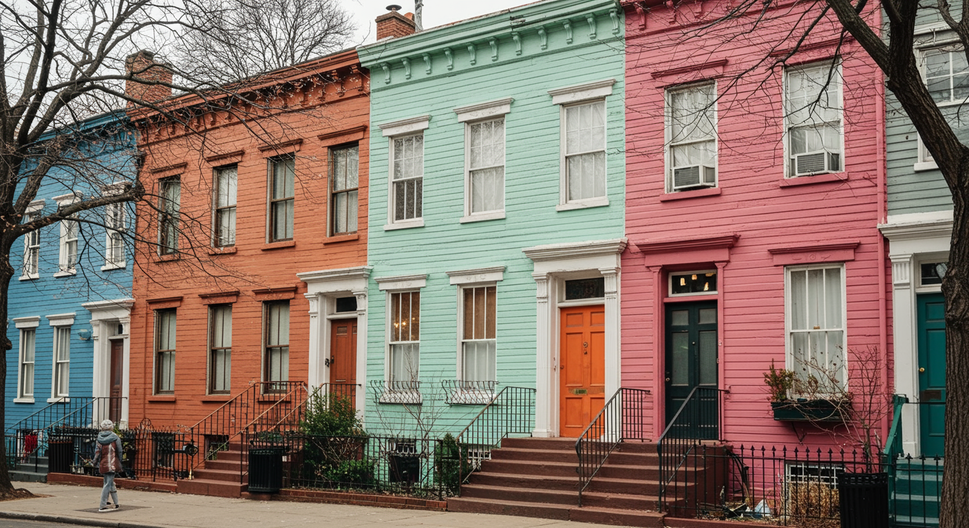 A picturesque view of a beautifully painted house in a New York neighborhood, showcasing vibrant colors and appealing architectural features.
