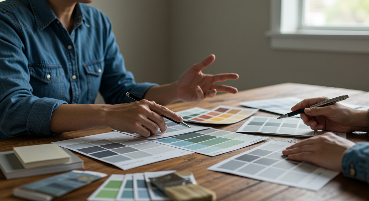 A color consultation scene where a homeowner discusses paint swatches with a professional painter. Various paint samples are spread out on a table.