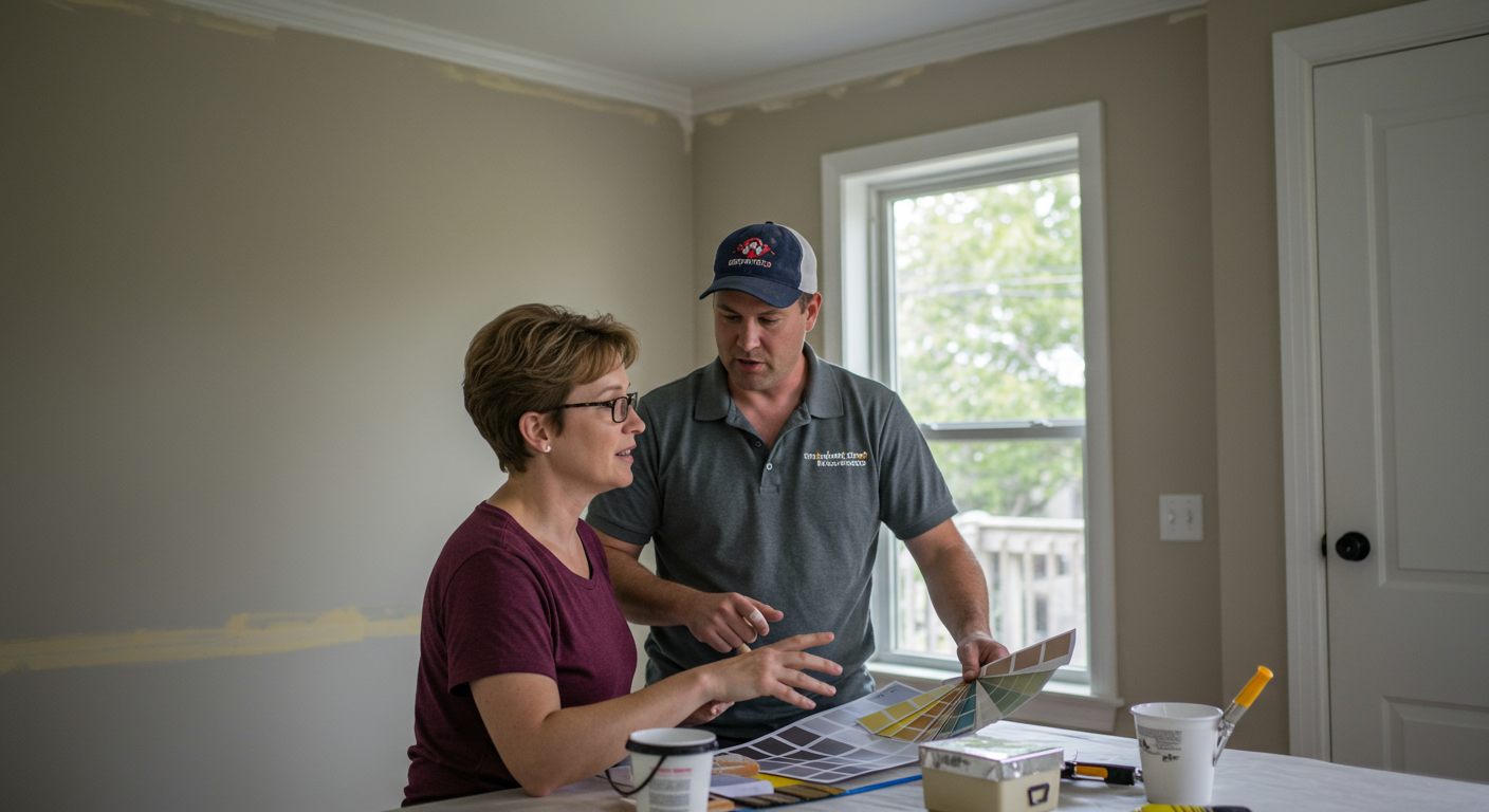 An interior painter is discussing color options with a homeowner in a well-lit room. The scene conveys collaboration and trust, highlighting the personalized service offered by local painters.