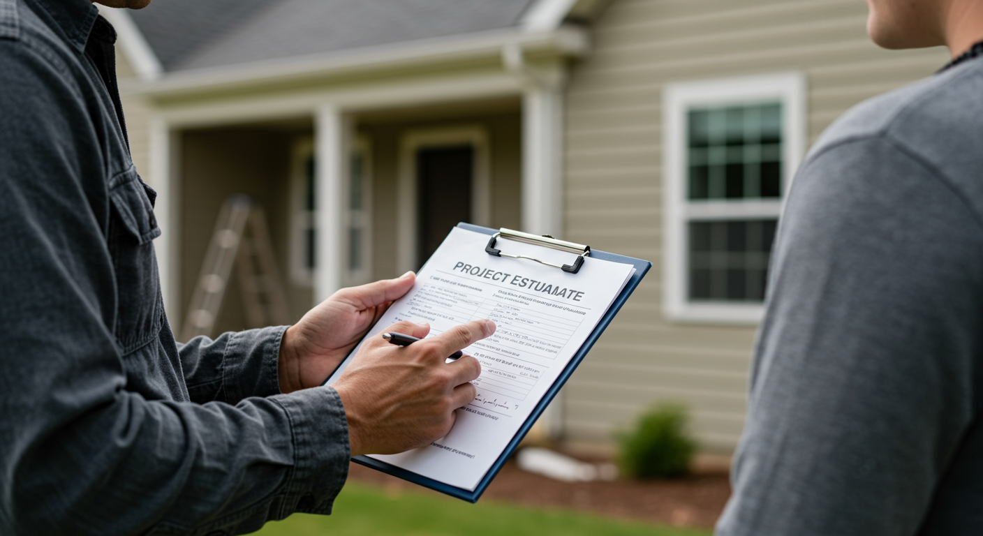 A contractor discussing project details with a homeowner on-site, showing a clipboard with a project estimate. The background features the home that is about to undergo siding and painting work.
