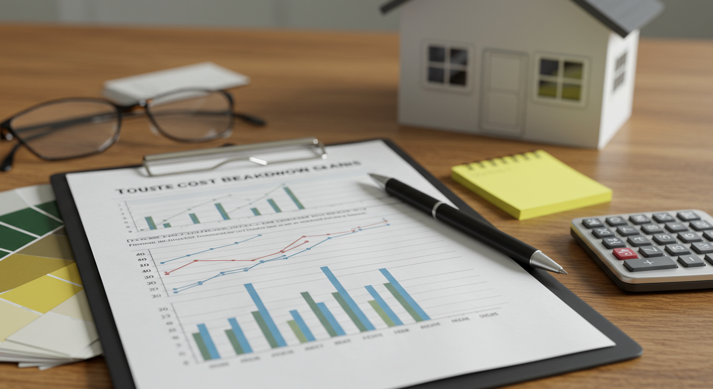 A close-up of a detailed cost breakdown chart on a clipboard, with paint samples and budgeting tools like a calculator and notepad beside it. The background features a partially painted house, illustrating the budgeting process for painting.