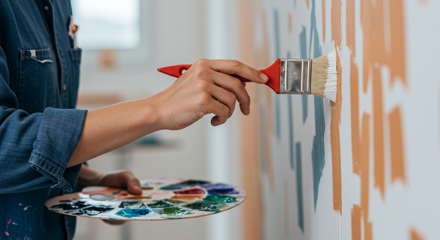 A close-up of a painter's hand expertly using a brush to apply paint to a wall, with a color palette and tools visible in the foreground, symbolizing craftsmanship.