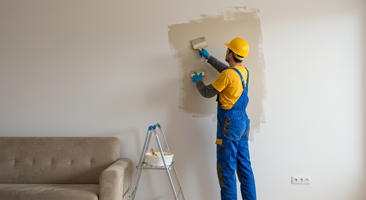 A skilled painter meticulously applying a fresh coat of paint to a living room wall, showcasing attention to detail and quality craftsmanship.