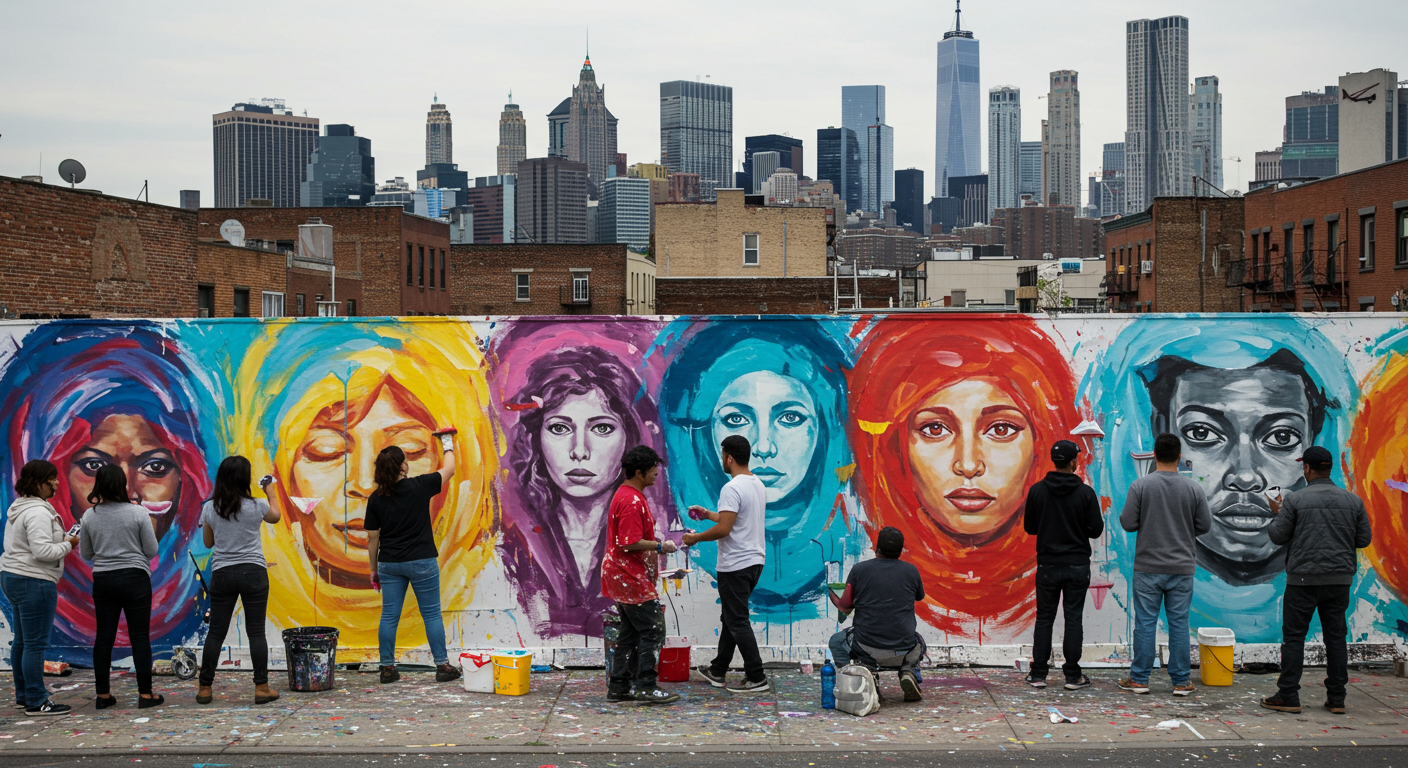 A group of diverse painters collaborating on a mural in a vibrant neighborhood of New York City, with colorful paint splashes and the cityscape in the background.