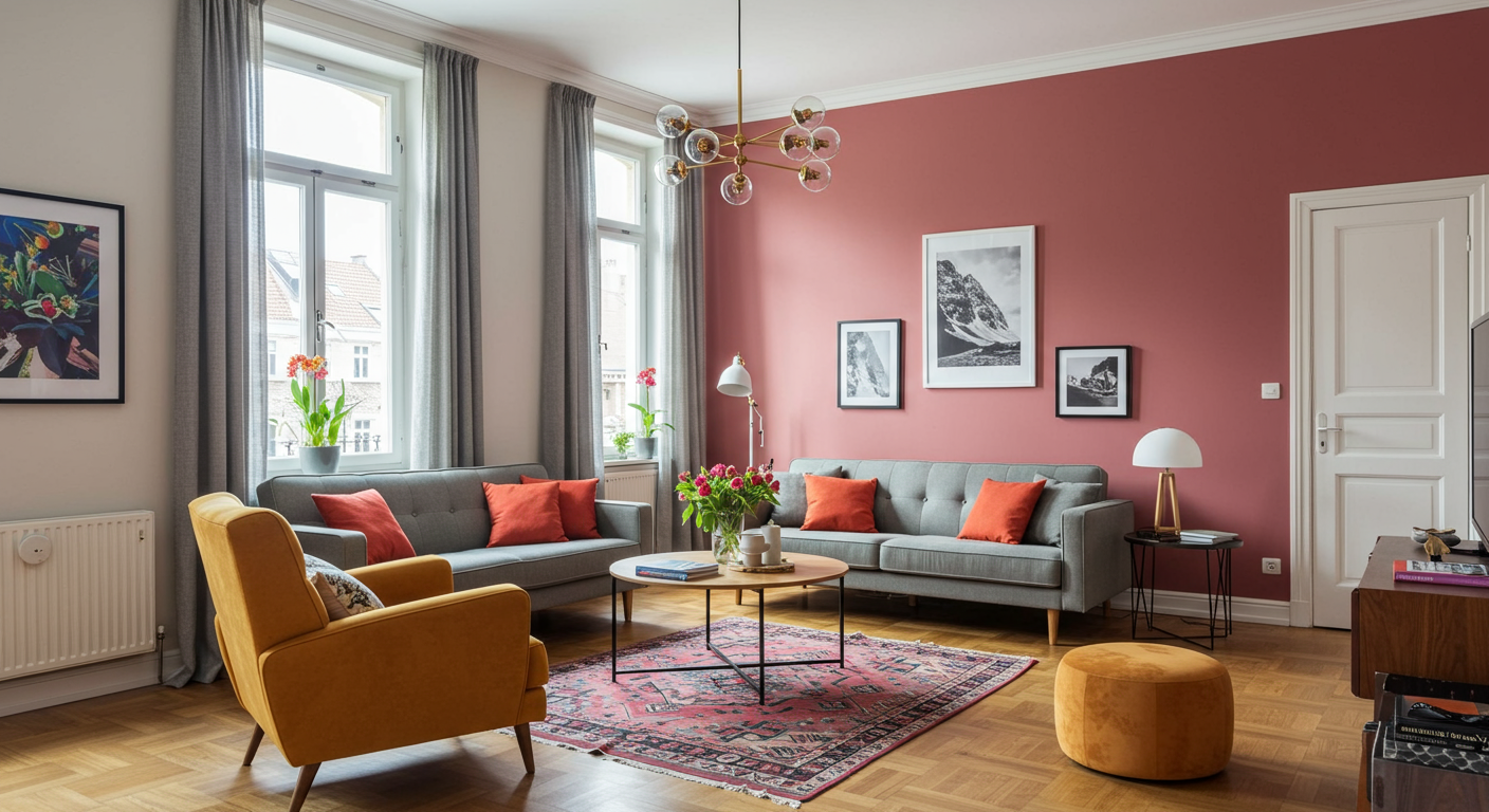 A beautifully decorated living room showcasing freshly painted walls in a modern color palette. The room features stylish furniture, vibrant decor, and natural light streaming through large windows.