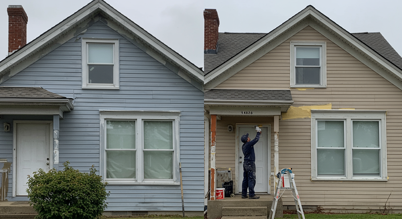 A skilled painter applying a fresh coat of vibrant paint on the exterior of a charming suburban home. The scene captures the transformation of the house, showcasing before and after sections.