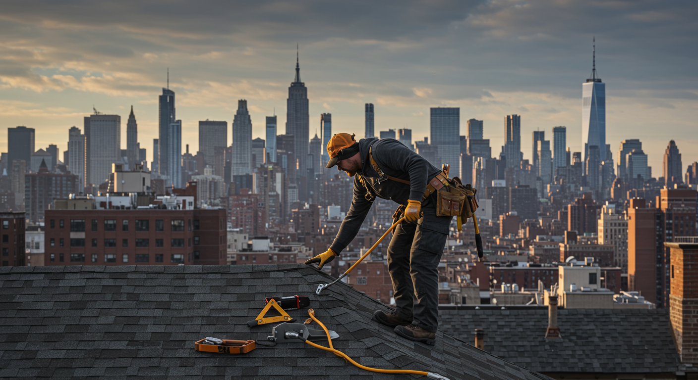 A professional roofing contractor inspecting a residential roof in New York City, with the skyline in the background. The contractor is wearing safety gear and holding tools, showcasing expertise and attention to detail.