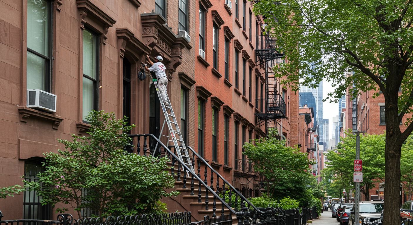 A painter working on the exterior of a charming brownstone in New York City. The scene captures the painter on a ladder, surrounded by lush greenery and the iconic cityscape in the background.