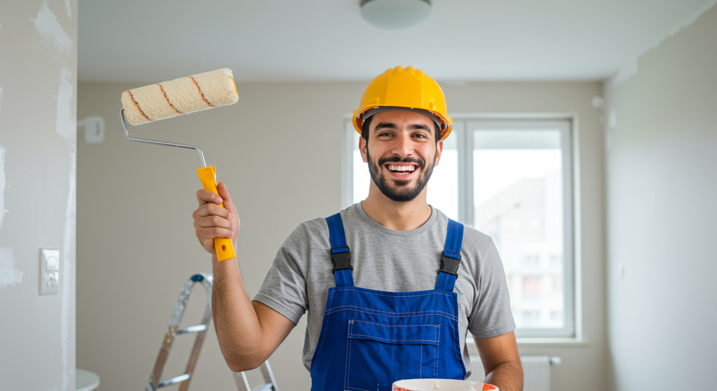 A painter smiling while holding a paint roller, standing in front of a freshly painted wall. The background shows a cheerful and bright room, conveying a sense of accomplishment.