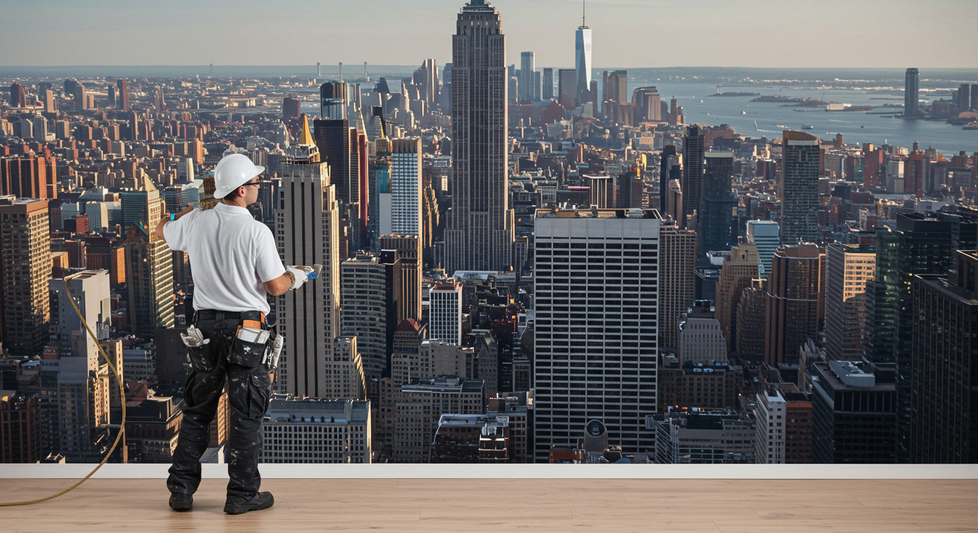 A professional painter in mid-action, applying paint to a wall with the iconic New York skyline in the background.