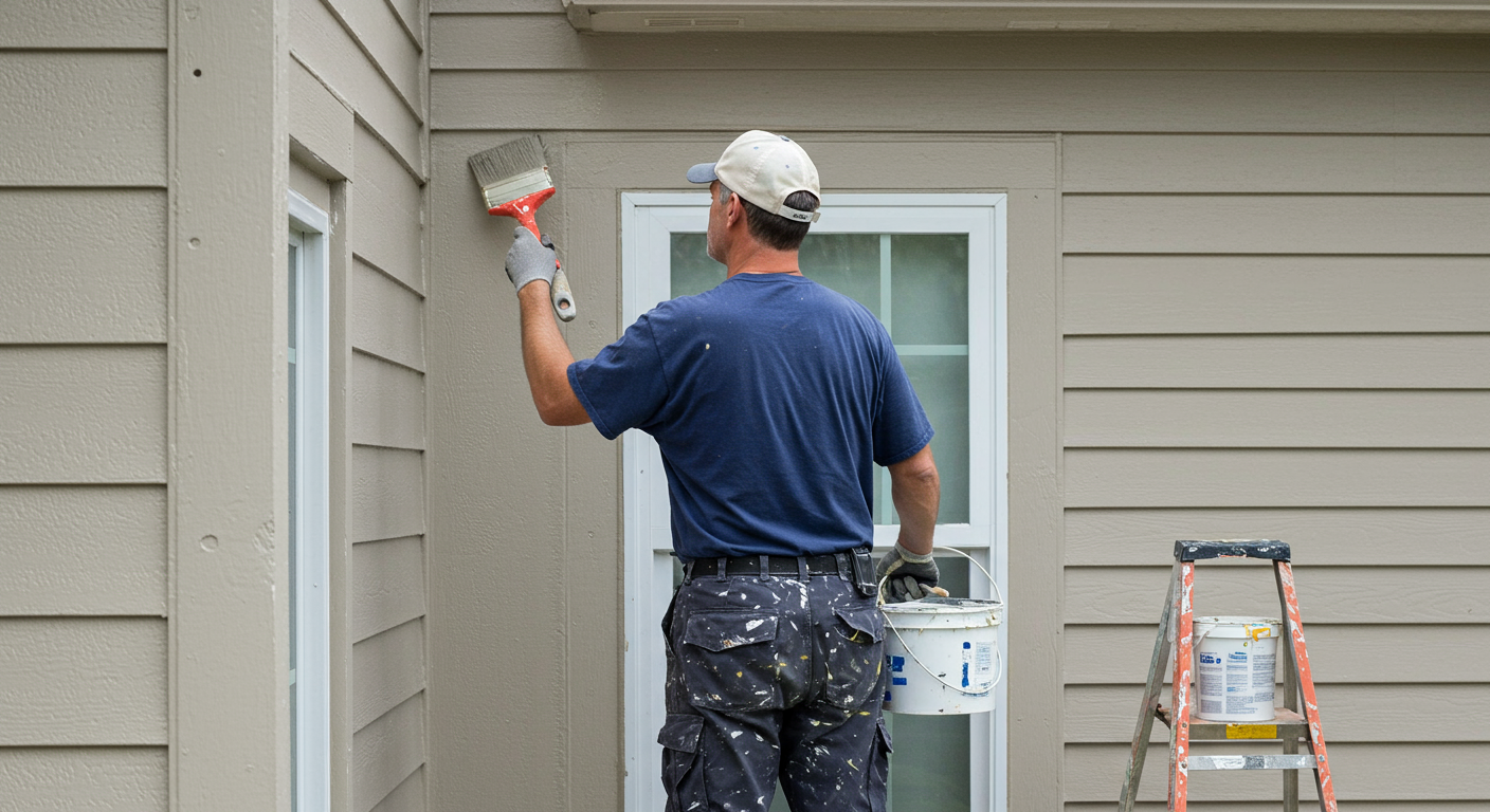 A professional painter in action, applying a fresh coat of paint to a home's exterior. The scene captures the painter's focus and skill, with a ladder and paint supplies visible, emphasizing the quality of service.