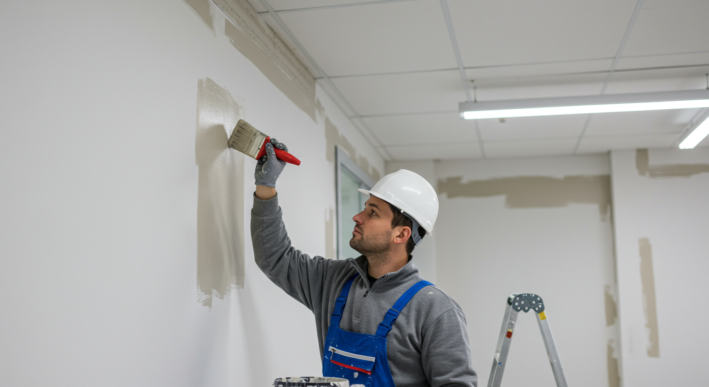 A professional painter meticulously applying a fresh coat of paint to a modern office wall, showcasing the precision and attention to detail in their work.