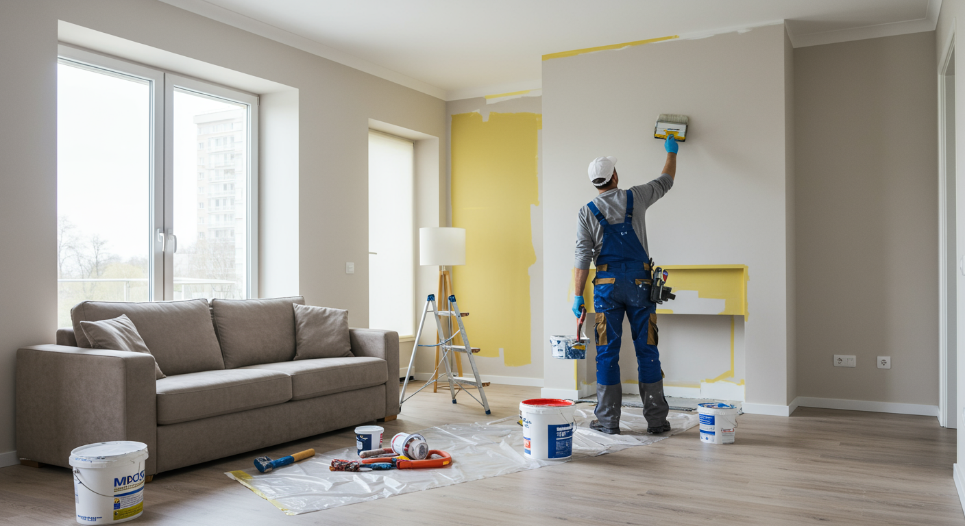 A professional painter in action, applying a fresh coat of paint to a residential living room. The room is well-lit, showcasing vibrant colors on the walls, with tools and paint cans neatly arranged nearby.
