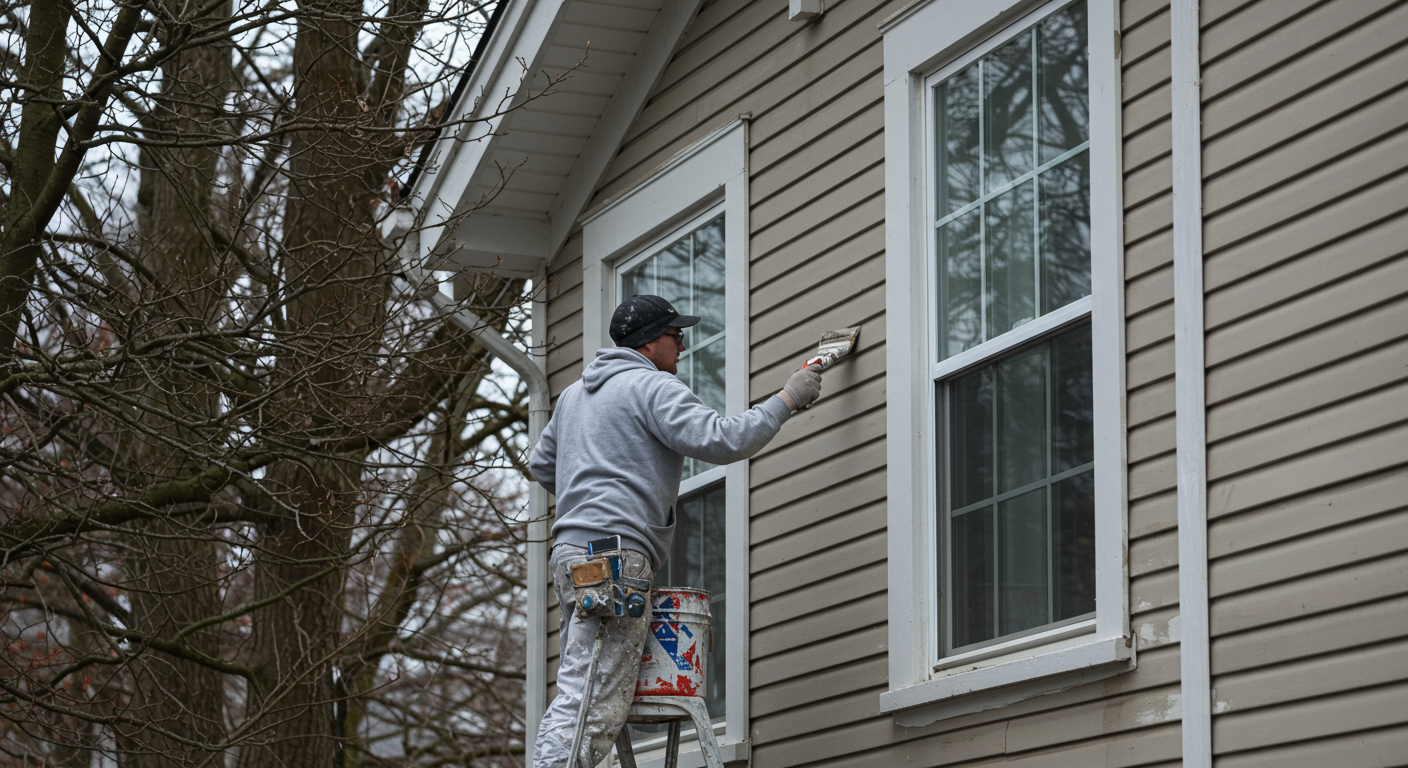 A professional painter in action, carefully applying a fresh coat of paint to the exterior of a charming house in Ronkonkoma.