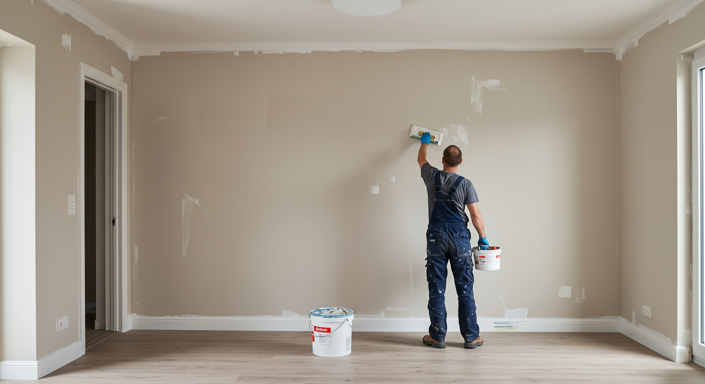 A professional painter in action, carefully applying a fresh coat of paint to a living room wall. The room is well-lit, showcasing the transformation of the space.