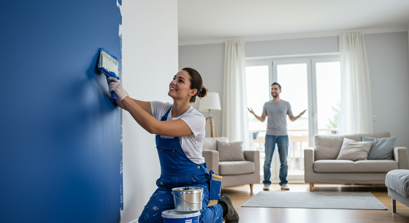 A professional painter applying a fresh coat of vibrant paint to a living room wall, with a satisfied homeowner observing and smiling in the background. The room is well-lit, showcasing the transformation.