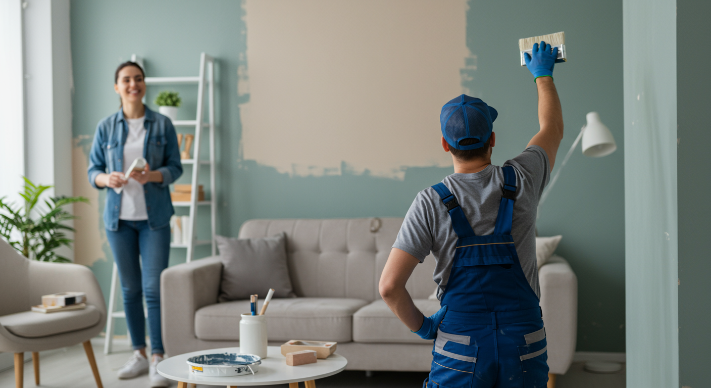 A professional painter carefully applying a fresh coat of paint to a stylish living room wall, showcasing vibrant colors and modern decor. A satisfied homeowner admires the work, smiling in the background.