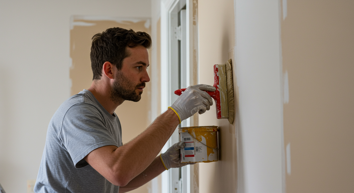 A professional painter in action, applying paint to a wall in a stylish New York apartment.