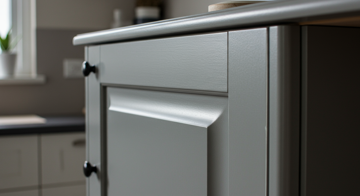 A close-up of a freshly painted wooden cabinet with a glossy finish, highlighting the quality of the paint and the precision of the carpentry work. The background features a stylish kitchen setting.