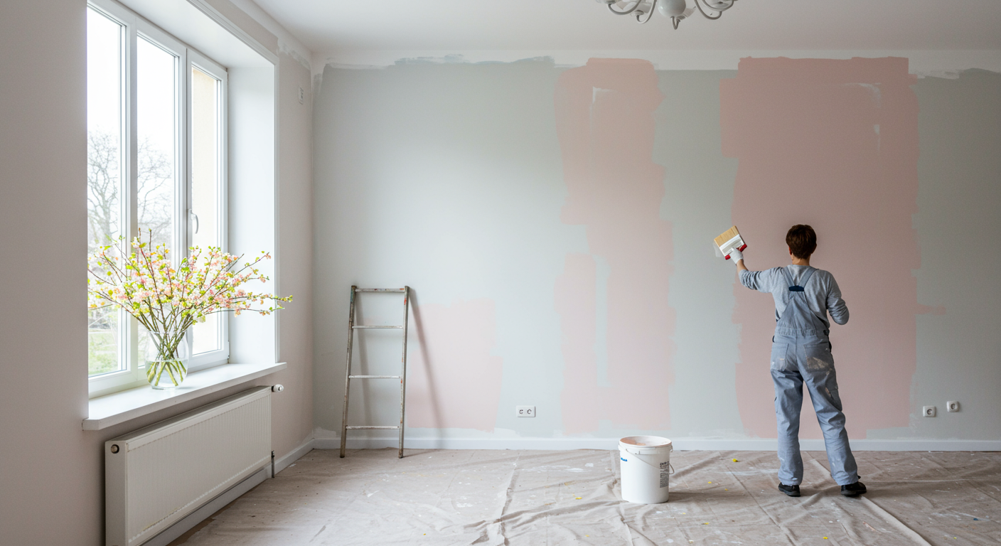 A bright and airy room in spring, with fresh paint on the walls and blooming flowers on the windowsill. A painter is applying a light pastel color to the walls.