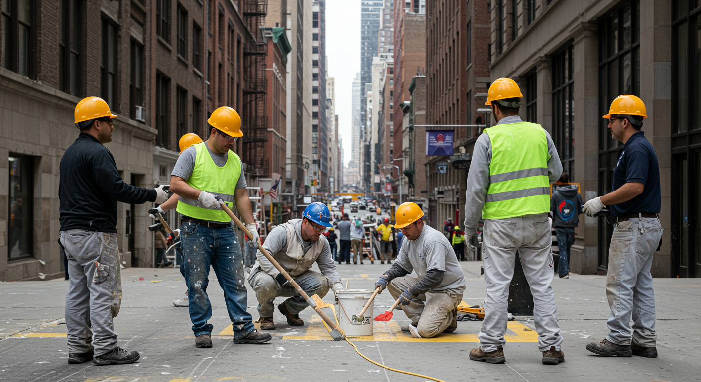 A team of professional painters collaborating on a large commercial building in NYC.