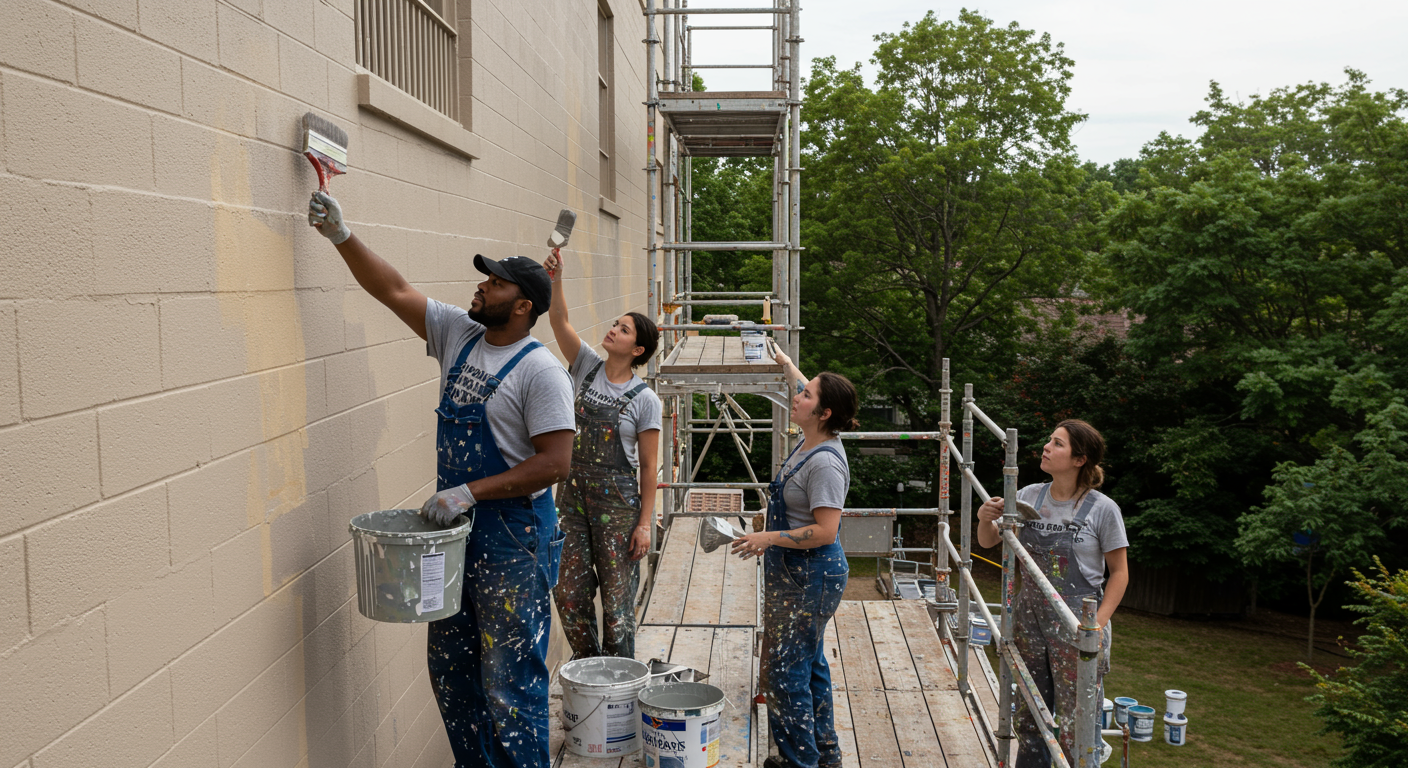 A team of painters from The Paint Brothers collaborating on a large exterior painting project, demonstrating teamwork and professionalism.