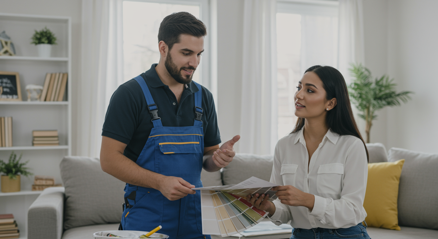 A friendly painter discussing a project with a homeowner in a bright, well-lit living room. The painter is showing color samples while the homeowner looks engaged and happy.
