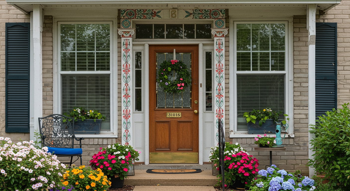 A beautifully painted front door with decorative elements, surrounded by flowers and a welcoming entryway, highlighting the final result of professional painting.