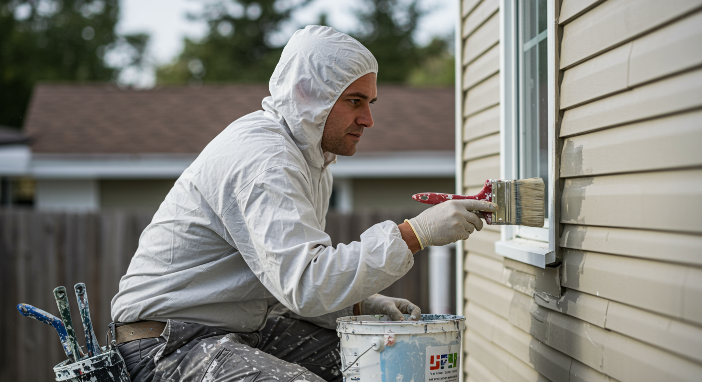 A skilled painter in action, applying a fresh coat of paint to a residential home's exterior. The painter is focused, wearing protective gear, and surrounded by tools like brushes and paint cans.