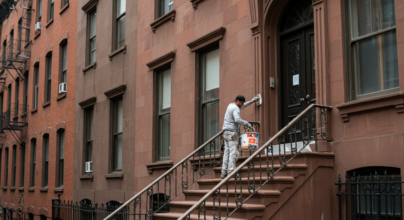 A professional exterior painter applying a fresh coat of paint to a charming brownstone in New York City. The painter is focused and skilled, showcasing the craftsmanship involved in exterior painting.