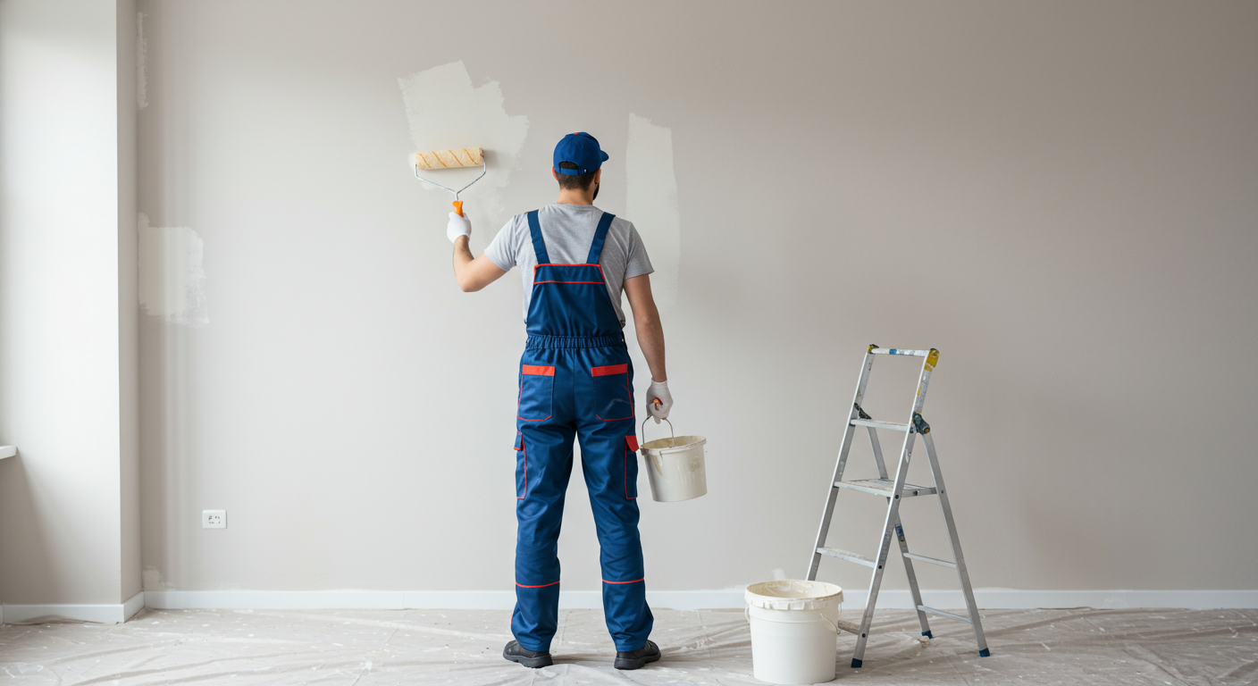 A professional painter in action, wearing overalls and a cap, carefully painting a wall with a roller. The background shows a partially painted room, highlighting the process of home improvement.